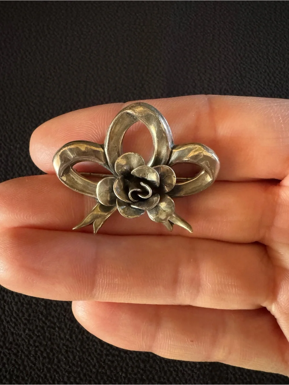 Vintage Jewelart Sterling Silver Rose Bow Brooch